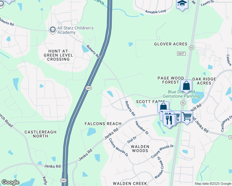 map of restaurants, bars, coffee shops, grocery stores, and more near 438 Clark Creek Lane in Cary