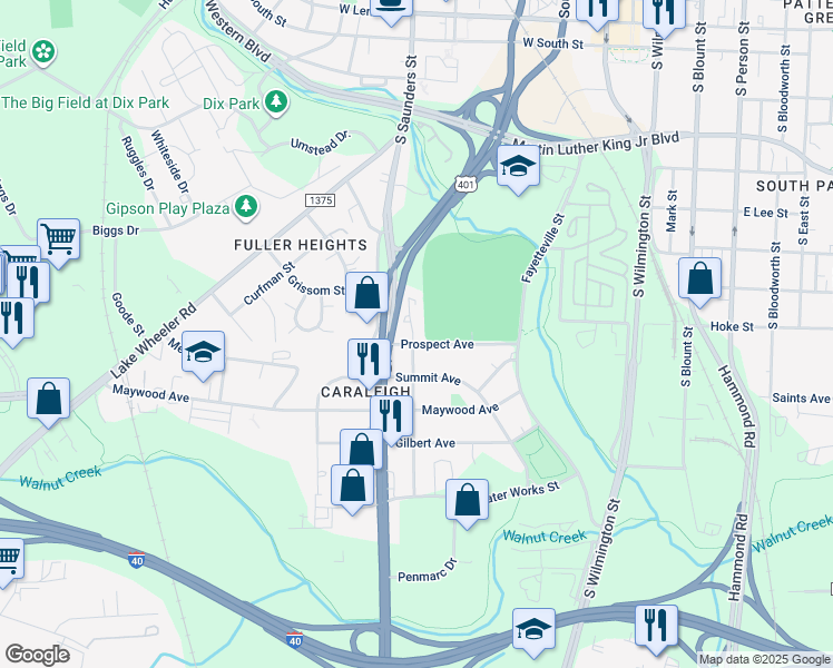 map of restaurants, bars, coffee shops, grocery stores, and more near 1233 Green Street in Raleigh