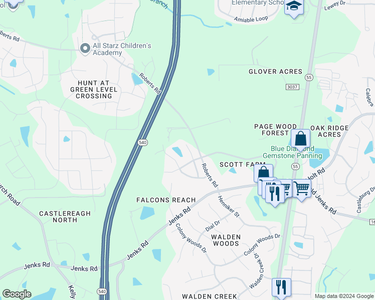 map of restaurants, bars, coffee shops, grocery stores, and more near 438 Clark Creek Lane in Cary