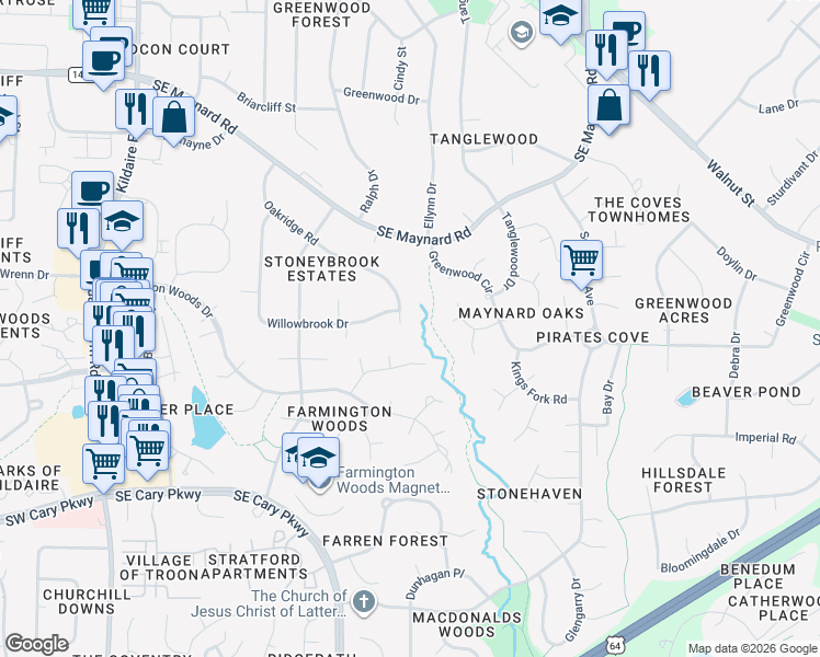 map of restaurants, bars, coffee shops, grocery stores, and more near 431 Oakridge Road in Cary