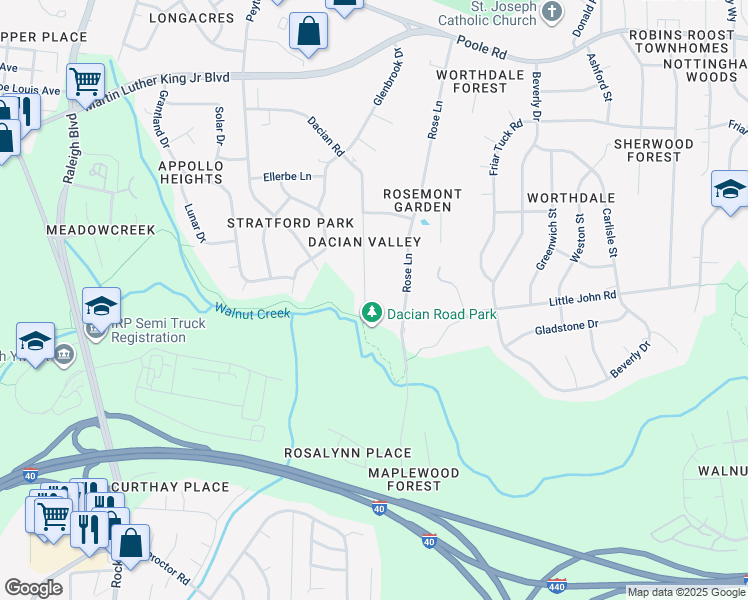 map of restaurants, bars, coffee shops, grocery stores, and more near 563 Dacian Road in Raleigh