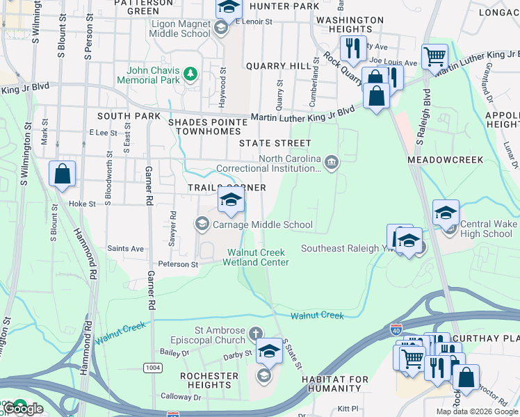 map of restaurants, bars, coffee shops, grocery stores, and more near 1201-1203 S State St in Raleigh