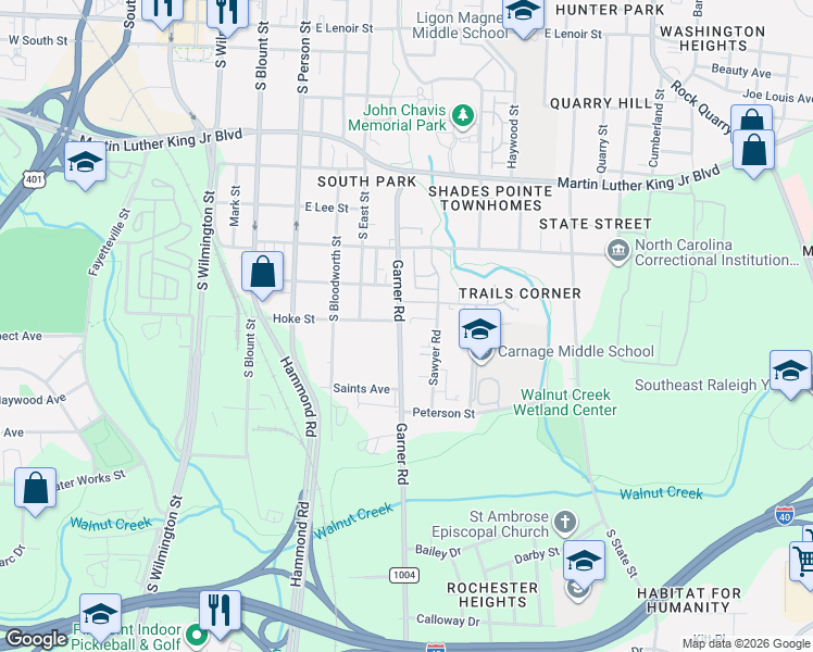 map of restaurants, bars, coffee shops, grocery stores, and more near 1402 Garner Road in Raleigh