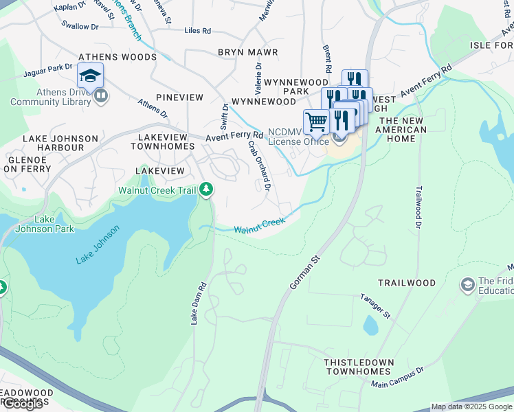 map of restaurants, bars, coffee shops, grocery stores, and more near 1411 Collegiate Circle in Raleigh