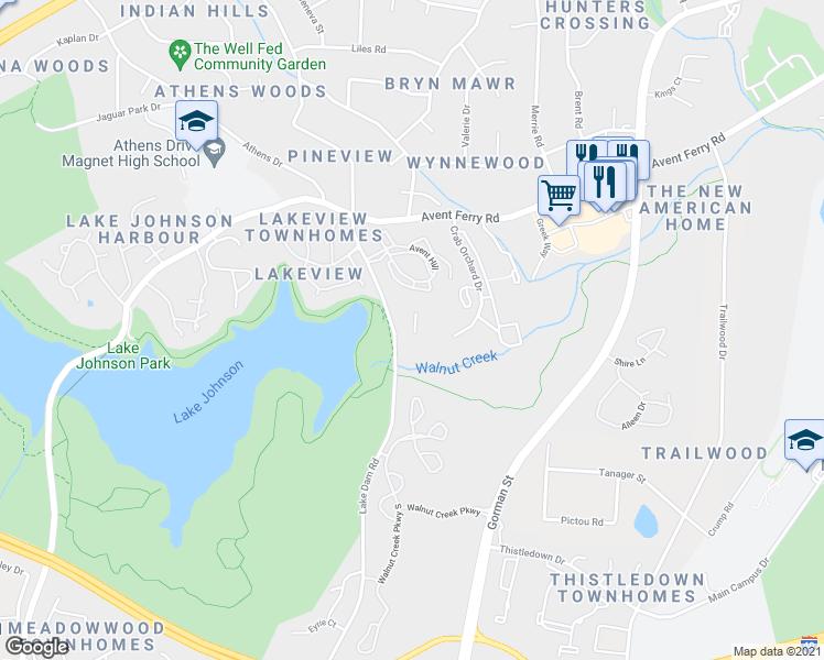 map of restaurants, bars, coffee shops, grocery stores, and more near 1220 University Court in Raleigh