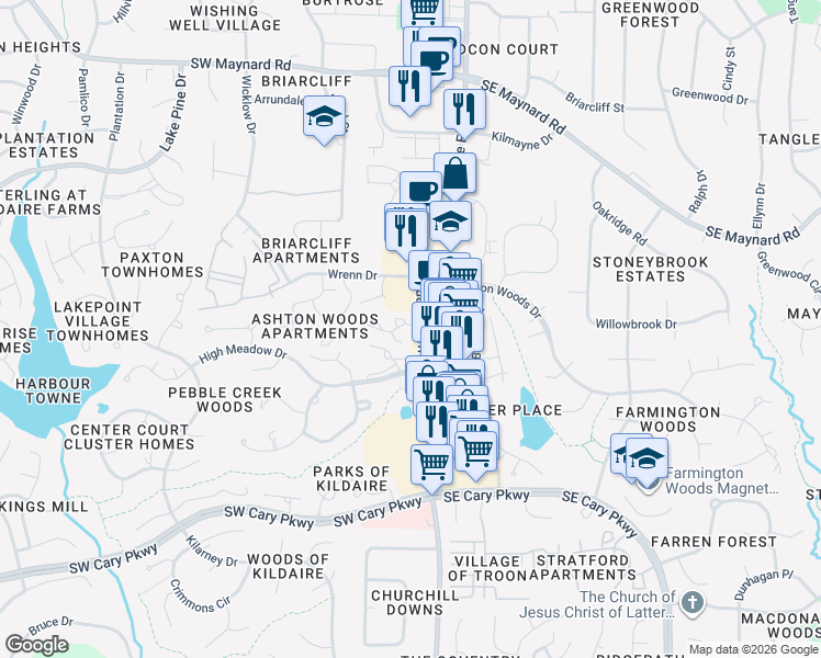 map of restaurants, bars, coffee shops, grocery stores, and more near 105 Charter Oaks Circle in Cary