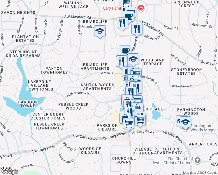 map of restaurants, bars, coffee shops, grocery stores, and more near 223 Twin Oaks Place in Cary