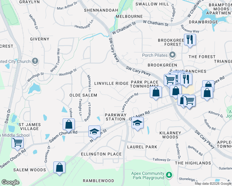 map of restaurants, bars, coffee shops, grocery stores, and more near 109 Smokemont Drive in Cary
