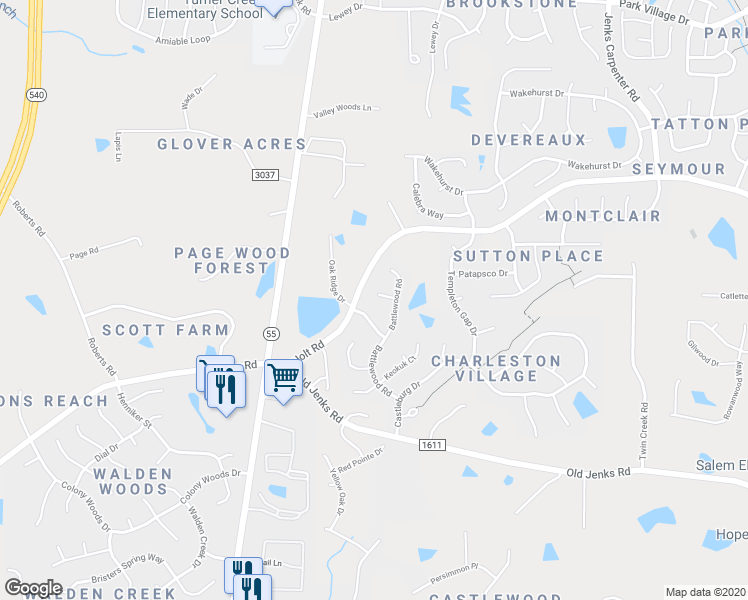 map of restaurants, bars, coffee shops, grocery stores, and more near 2105 Battery Wagner Drive in Apex