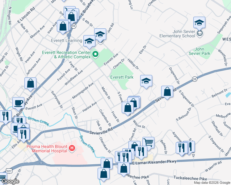 map of restaurants, bars, coffee shops, grocery stores, and more near 709 South Everett High Road in Maryville