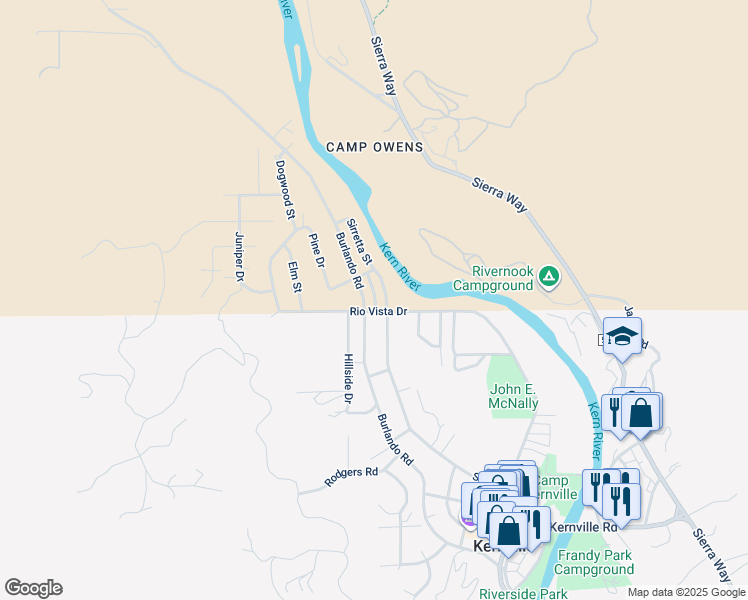 map of restaurants, bars, coffee shops, grocery stores, and more near 506 Burlando Road in Kernville