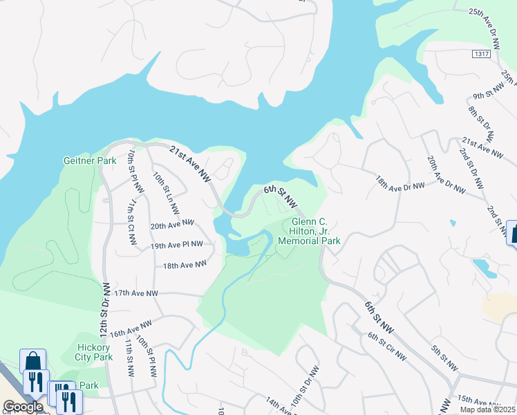 map of restaurants, bars, coffee shops, grocery stores, and more near 2163 6th Street Northwest in Hickory