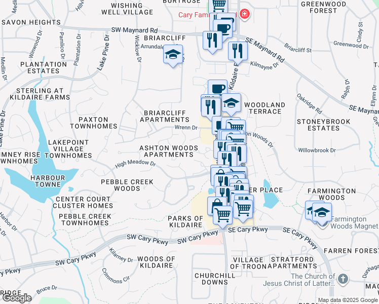 map of restaurants, bars, coffee shops, grocery stores, and more near 223 Twin Oaks Place in Cary