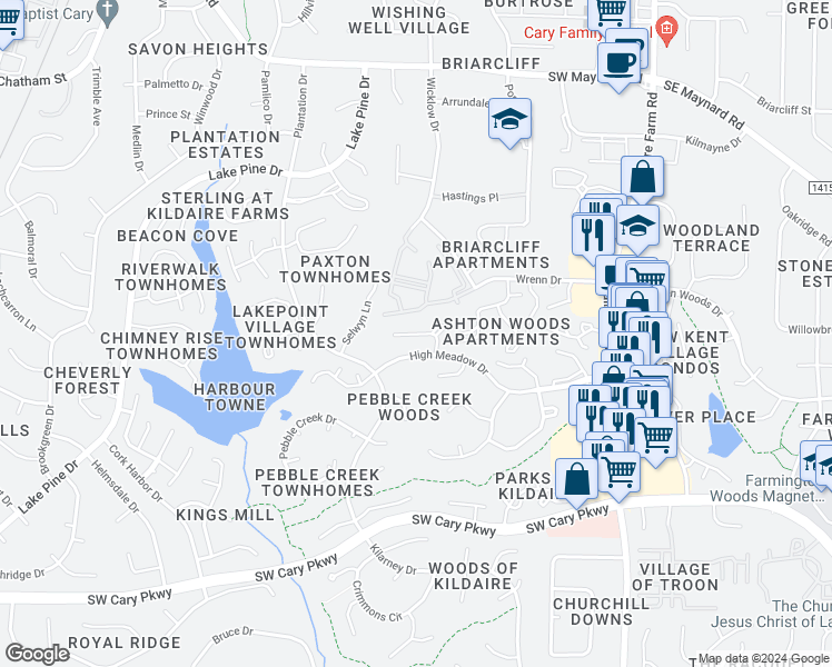 map of restaurants, bars, coffee shops, grocery stores, and more near Winners Circle in Cary