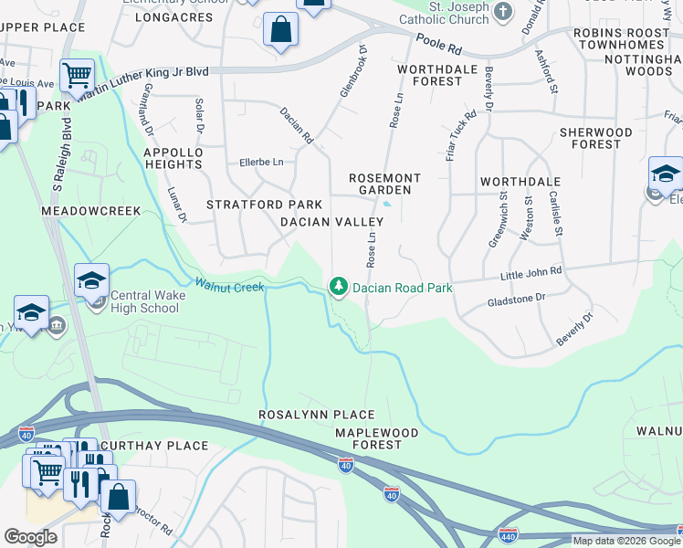 map of restaurants, bars, coffee shops, grocery stores, and more near 563 Dacian Road in Raleigh