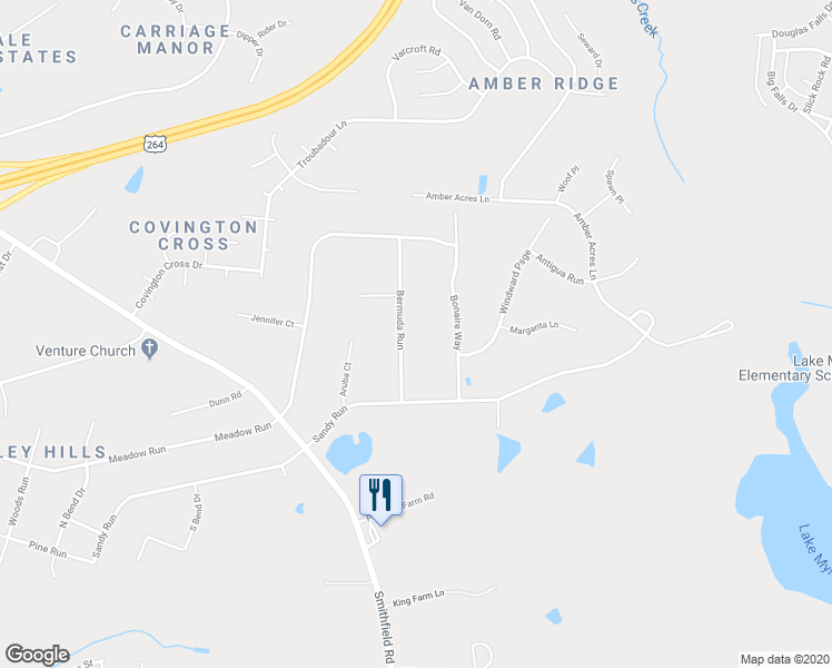 map of restaurants, bars, coffee shops, grocery stores, and more near 1117 Bermuda Run in Knightdale