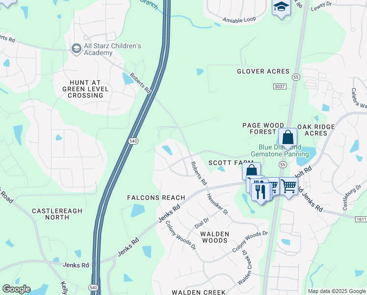 map of restaurants, bars, coffee shops, grocery stores, and more near 443 Clark Creek Lane in Cary
