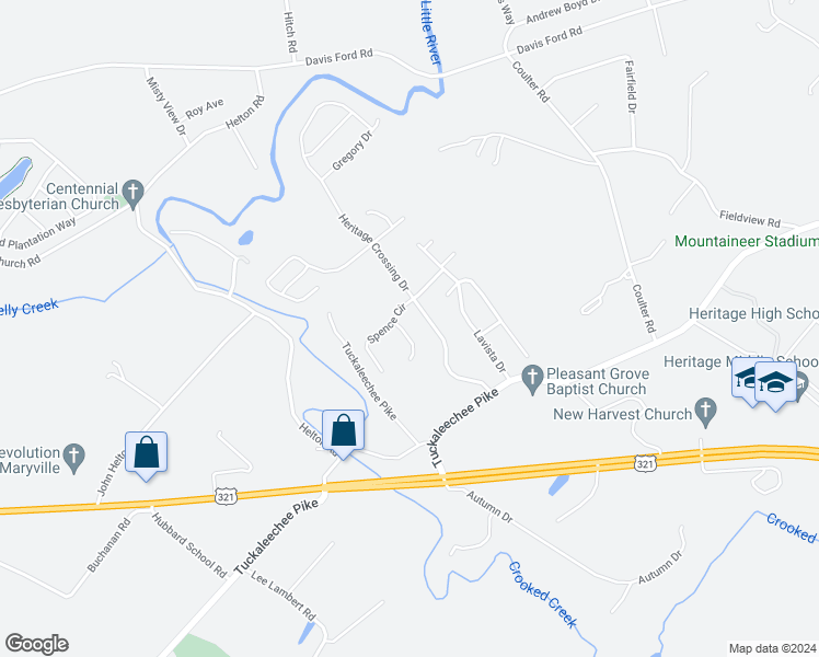 map of restaurants, bars, coffee shops, grocery stores, and more near 218 Barberry Court in Maryville