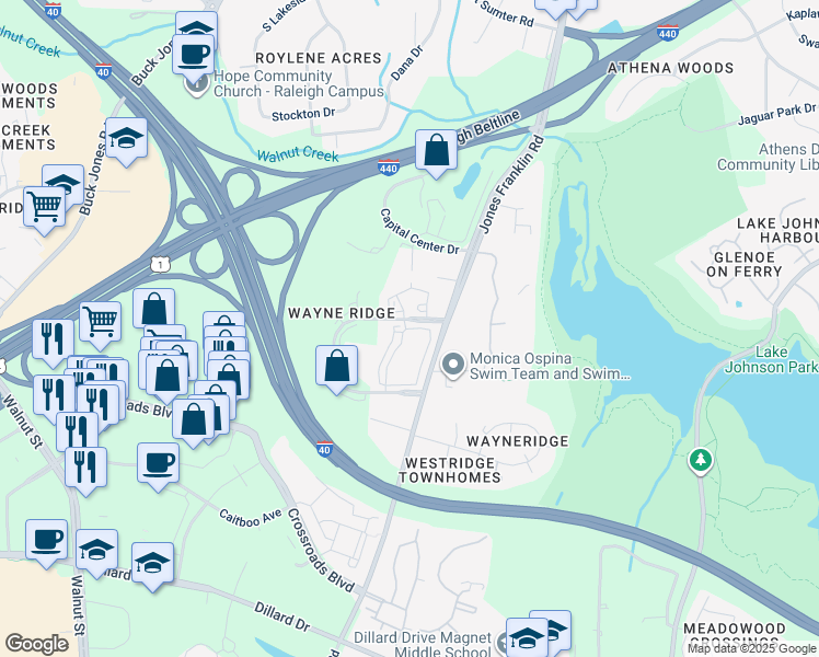 map of restaurants, bars, coffee shops, grocery stores, and more near 1310 Silver Sage Drive in Raleigh