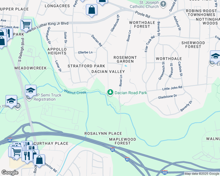 map of restaurants, bars, coffee shops, grocery stores, and more near 555 Dacian Road in Raleigh