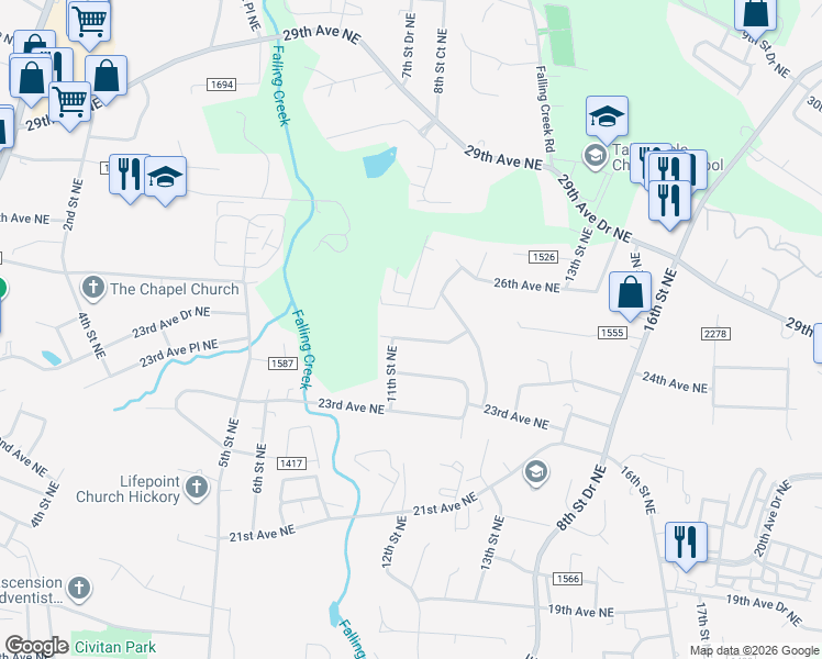 map of restaurants, bars, coffee shops, grocery stores, and more near 1121 24th Avenue Place Northeast in Hickory