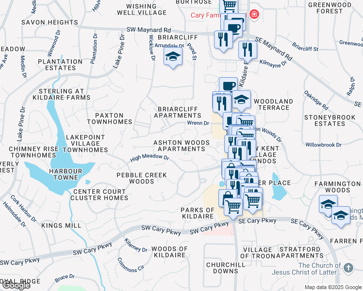 map of restaurants, bars, coffee shops, grocery stores, and more near 101 Ashton Place in Cary