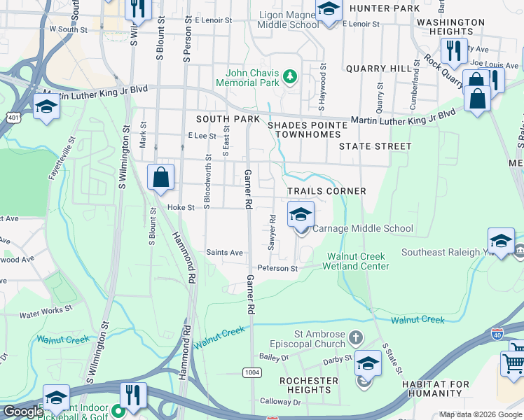 map of restaurants, bars, coffee shops, grocery stores, and more near 1416 Sawyer Road in Raleigh