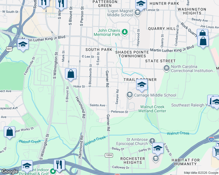 map of restaurants, bars, coffee shops, grocery stores, and more near 1402 Garner Road in Raleigh
