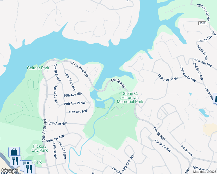 map of restaurants, bars, coffee shops, grocery stores, and more near 2163 6th Street Northwest in Hickory