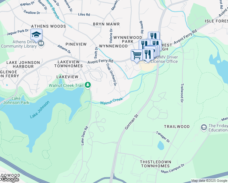 map of restaurants, bars, coffee shops, grocery stores, and more near 1411 Collegiate Circle in Raleigh