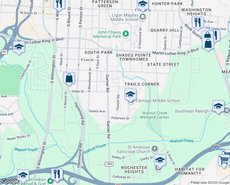 map of restaurants, bars, coffee shops, grocery stores, and more near 1416 Sawyer Road in Raleigh