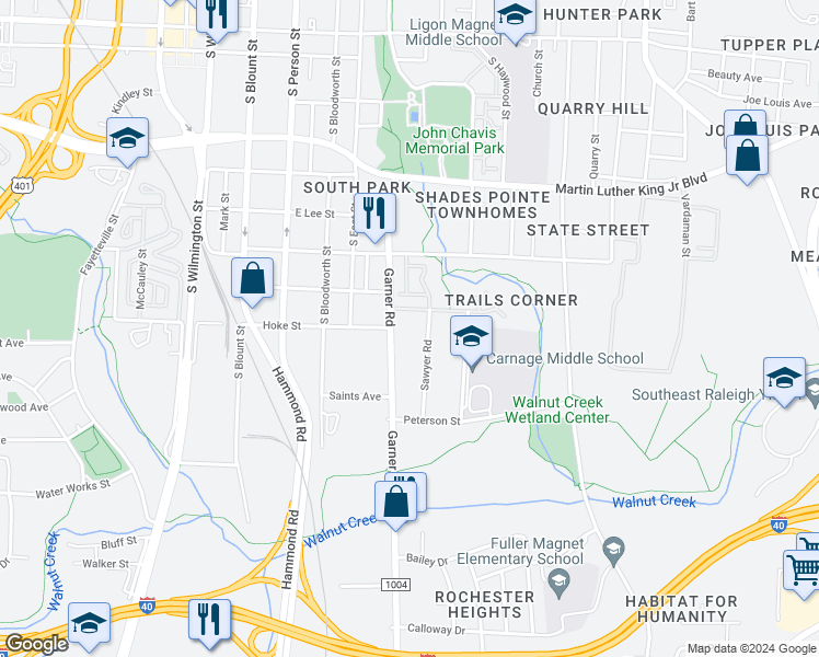 map of restaurants, bars, coffee shops, grocery stores, and more near 1412 Sawyer Road in Raleigh