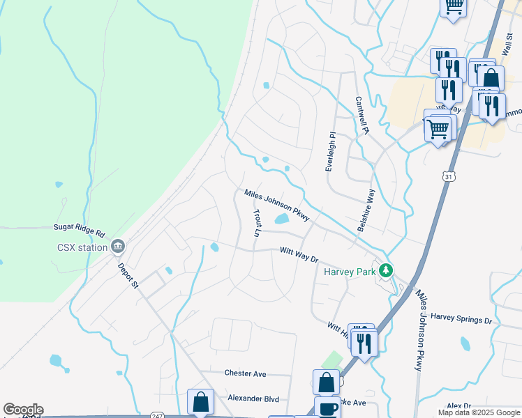 map of restaurants, bars, coffee shops, grocery stores, and more near 6007 Trout Lane in Spring Hill