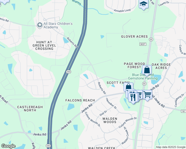 map of restaurants, bars, coffee shops, grocery stores, and more near 439 Clark Creek Lane in Apex