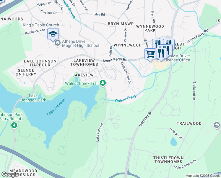 map of restaurants, bars, coffee shops, grocery stores, and more near 1251 University Court in Raleigh