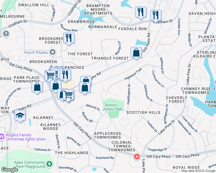 map of restaurants, bars, coffee shops, grocery stores, and more near 1410 Highland Trail in Cary