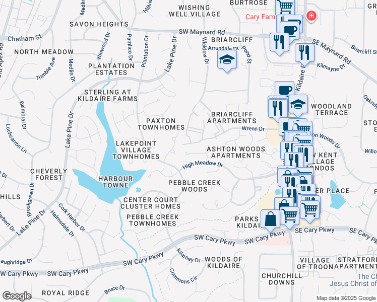 map of restaurants, bars, coffee shops, grocery stores, and more near 176 Winners Circle in Cary
