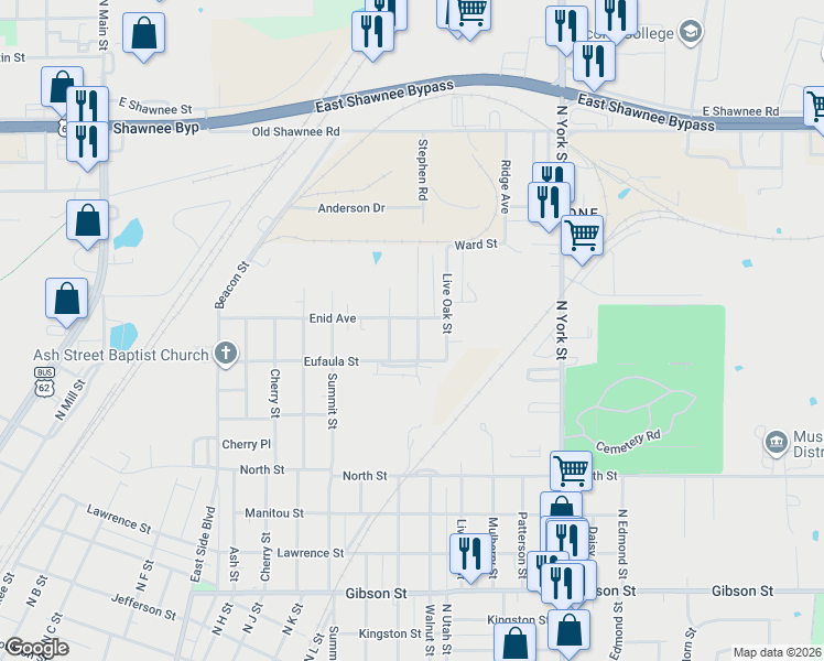 map of restaurants, bars, coffee shops, grocery stores, and more near 1633 Walnut Street in Muskogee