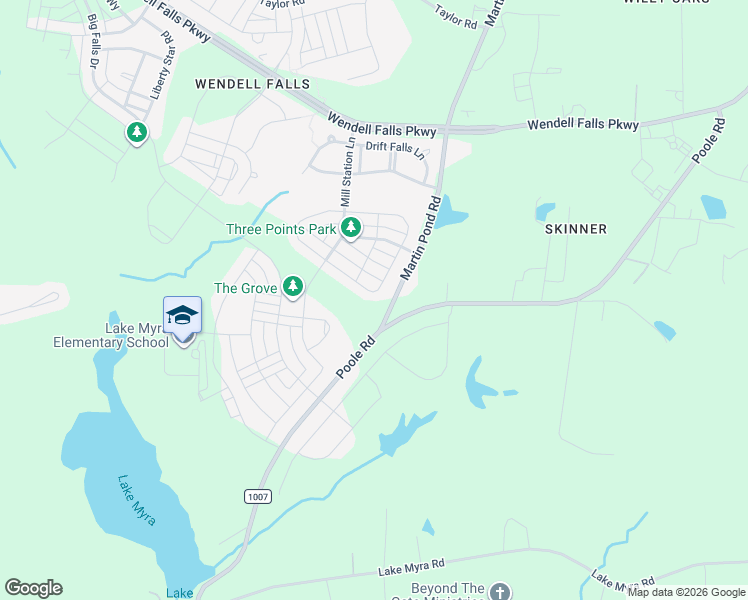 map of restaurants, bars, coffee shops, grocery stores, and more near 633 Groveview Wynd in Wendell