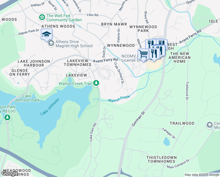 map of restaurants, bars, coffee shops, grocery stores, and more near 1241 University Court in Raleigh