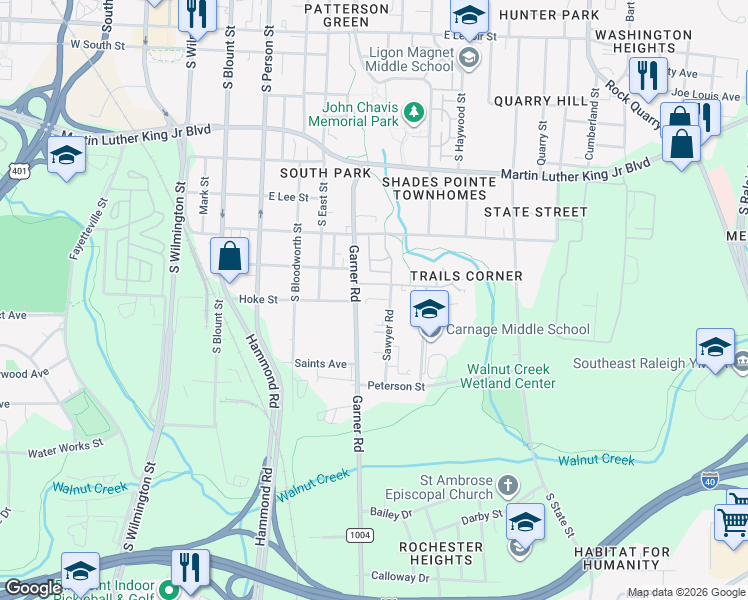 map of restaurants, bars, coffee shops, grocery stores, and more near 1416 Sawyer Road in Raleigh