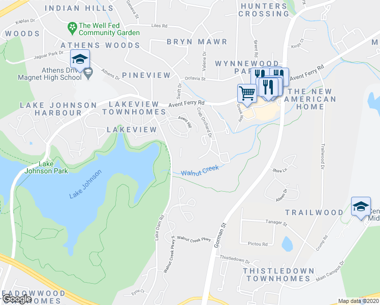 map of restaurants, bars, coffee shops, grocery stores, and more near 1221 University Court in Raleigh