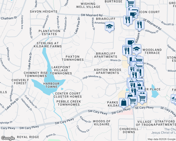 map of restaurants, bars, coffee shops, grocery stores, and more near 111 Winners Circle in Cary