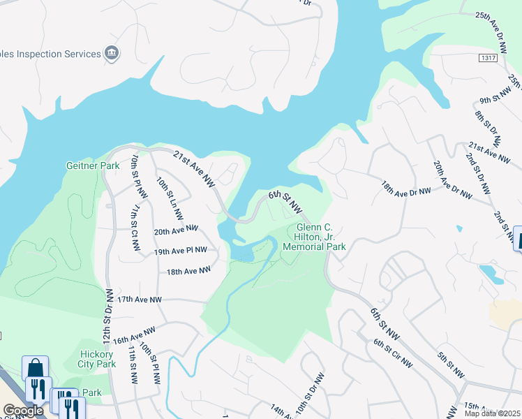 map of restaurants, bars, coffee shops, grocery stores, and more near 2163 6th Street Northwest in Hickory