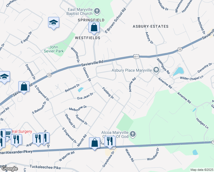 map of restaurants, bars, coffee shops, grocery stores, and more near 1135 North Rachaels Circle in Maryville