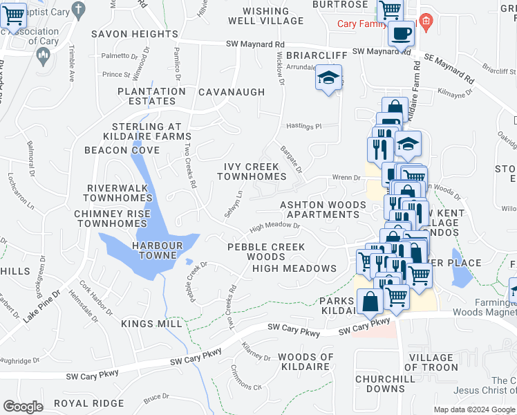 map of restaurants, bars, coffee shops, grocery stores, and more near 176 Winners Circle in Cary