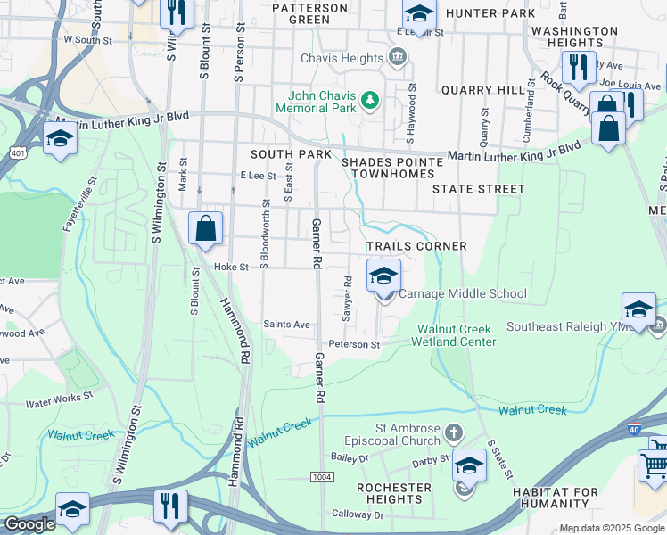 map of restaurants, bars, coffee shops, grocery stores, and more near 1416 Sawyer Road in Raleigh