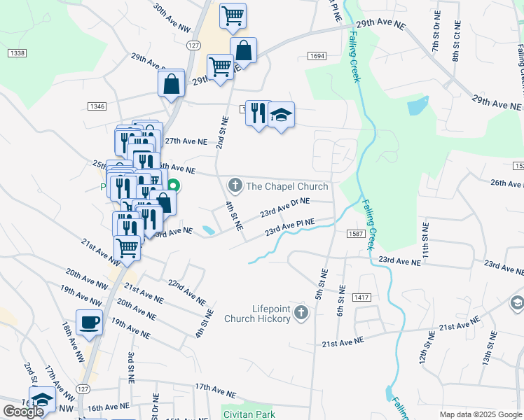 map of restaurants, bars, coffee shops, grocery stores, and more near 451 23rd Avenue Drive Northeast in Hickory