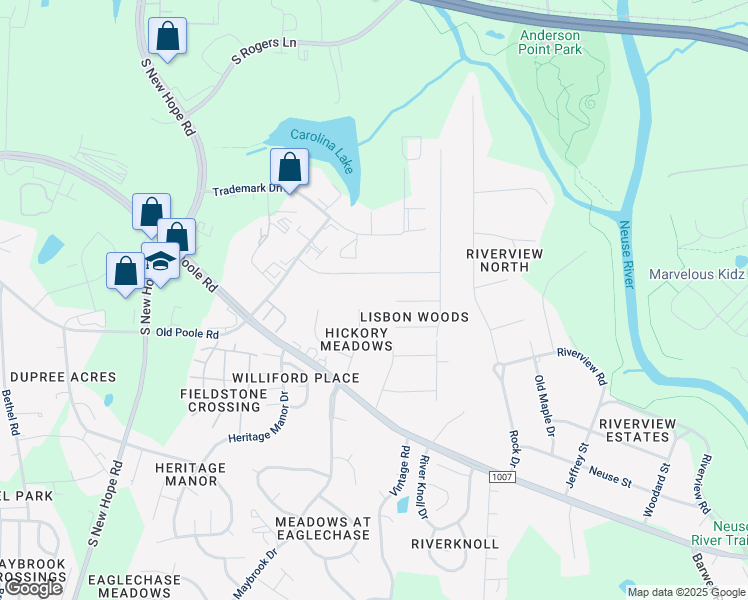 map of restaurants, bars, coffee shops, grocery stores, and more near 1305 Hickory Hollow Lane in Raleigh