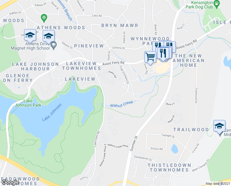 map of restaurants, bars, coffee shops, grocery stores, and more near 1241 University Court in Raleigh